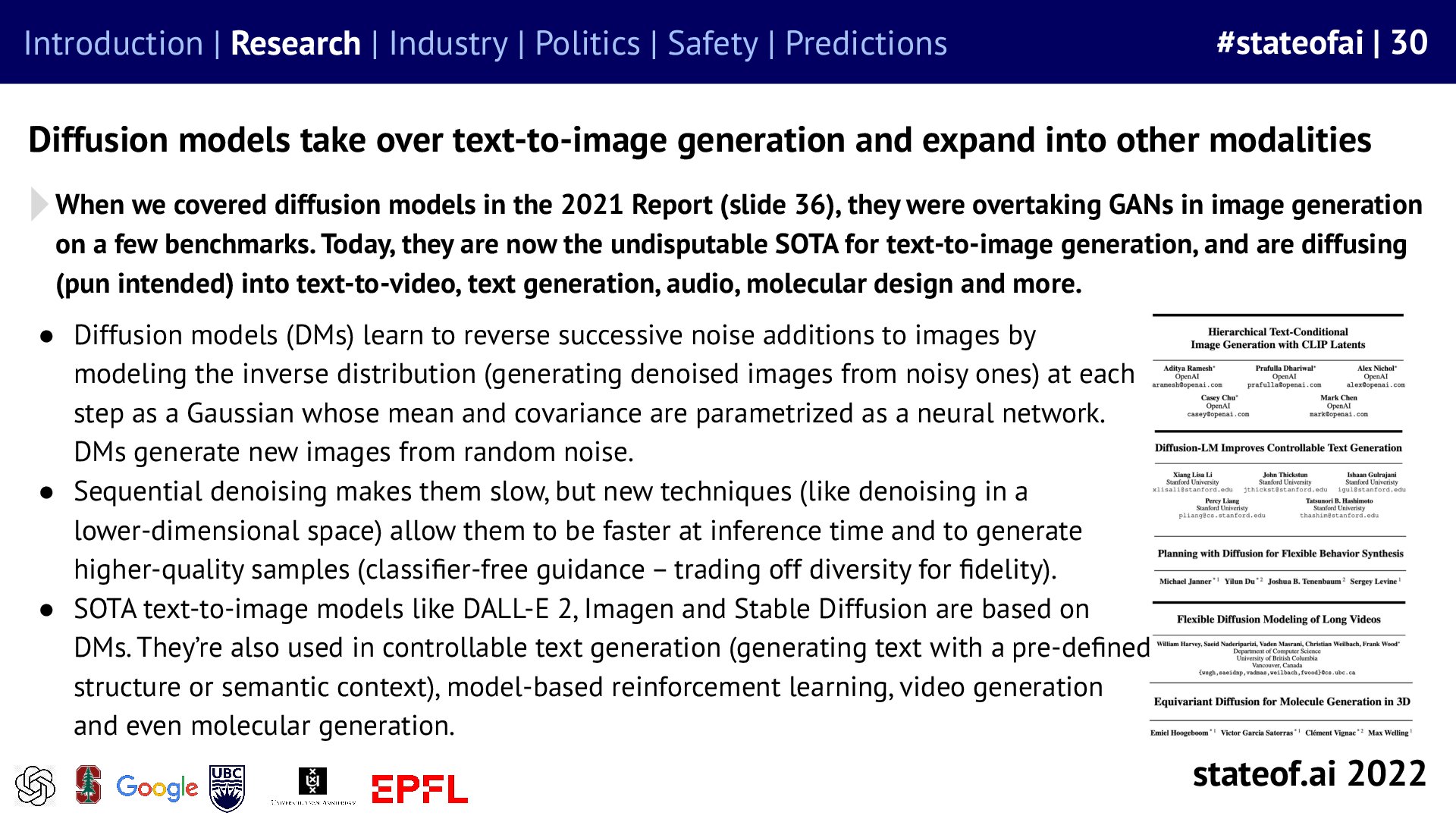 Diffusion models make image generation a major frontier - 2022 report, slide 30