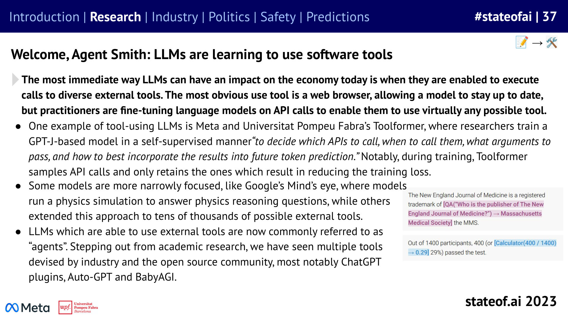 Tool use connects a model to the outside world - 2023 report, slide 37