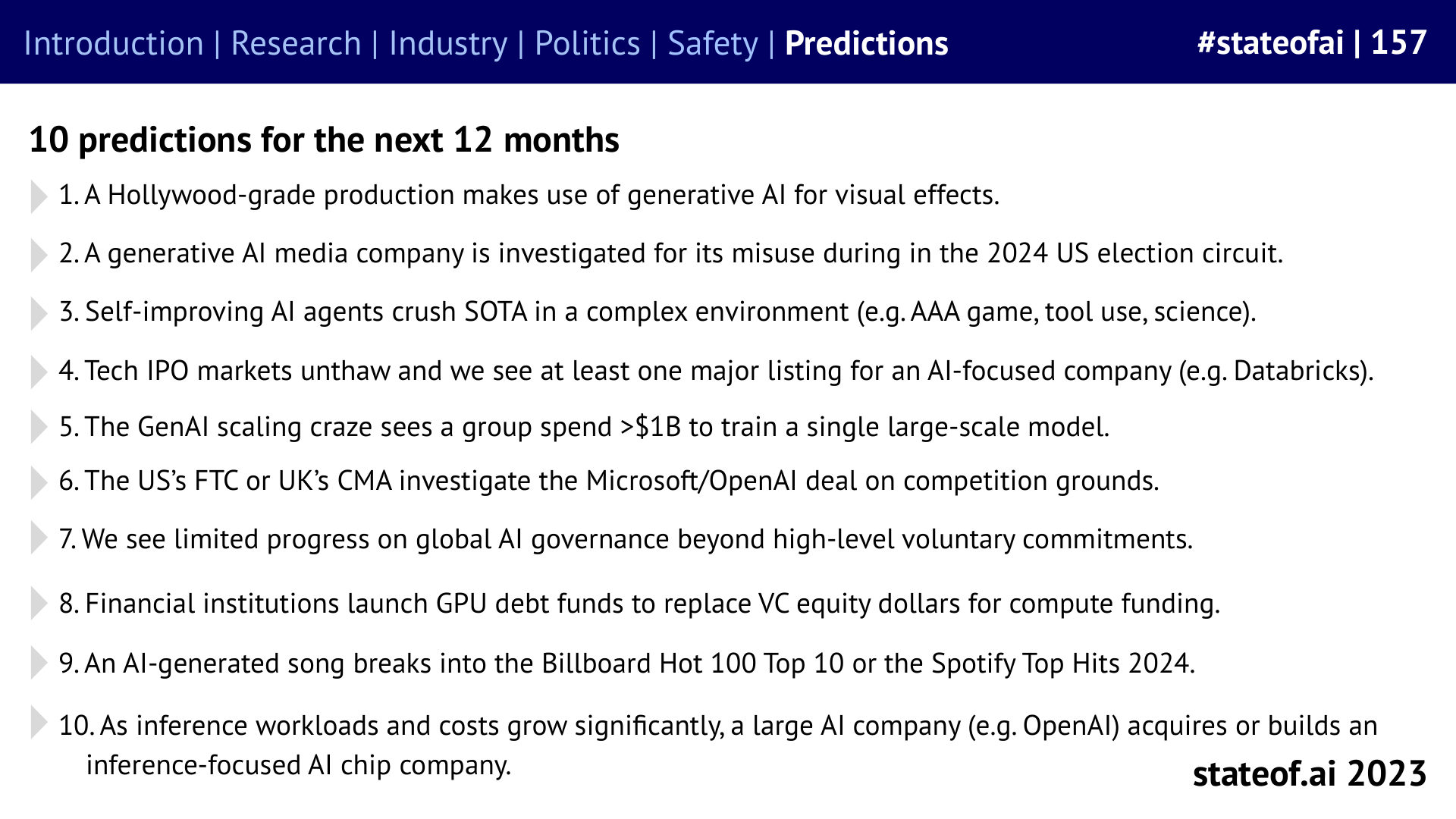 Predictions turn the report’s themes into testable claims - 2023 report, slide 157
