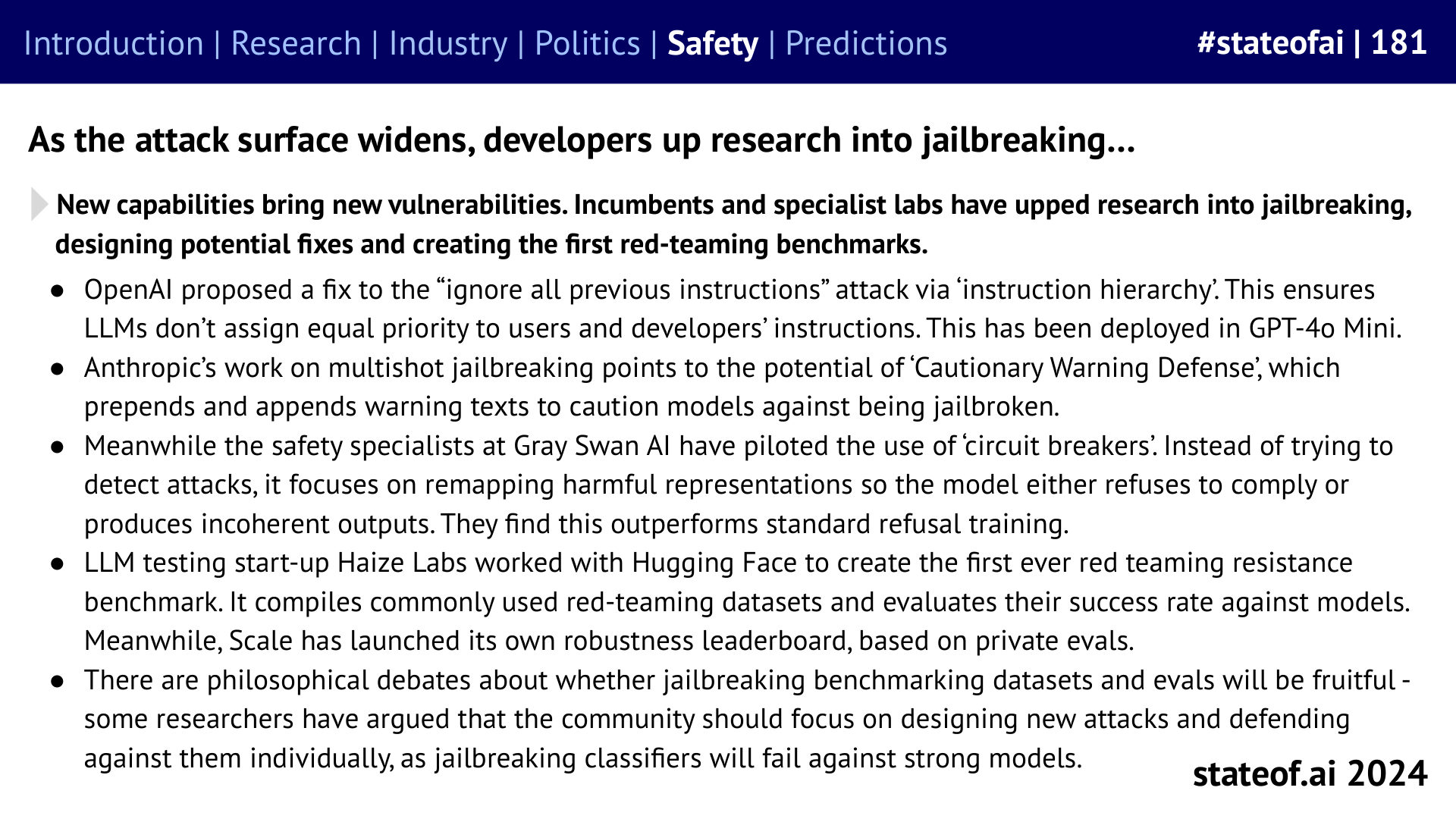 Defenses target how models handle malicious requests - 2024 report, slide 181