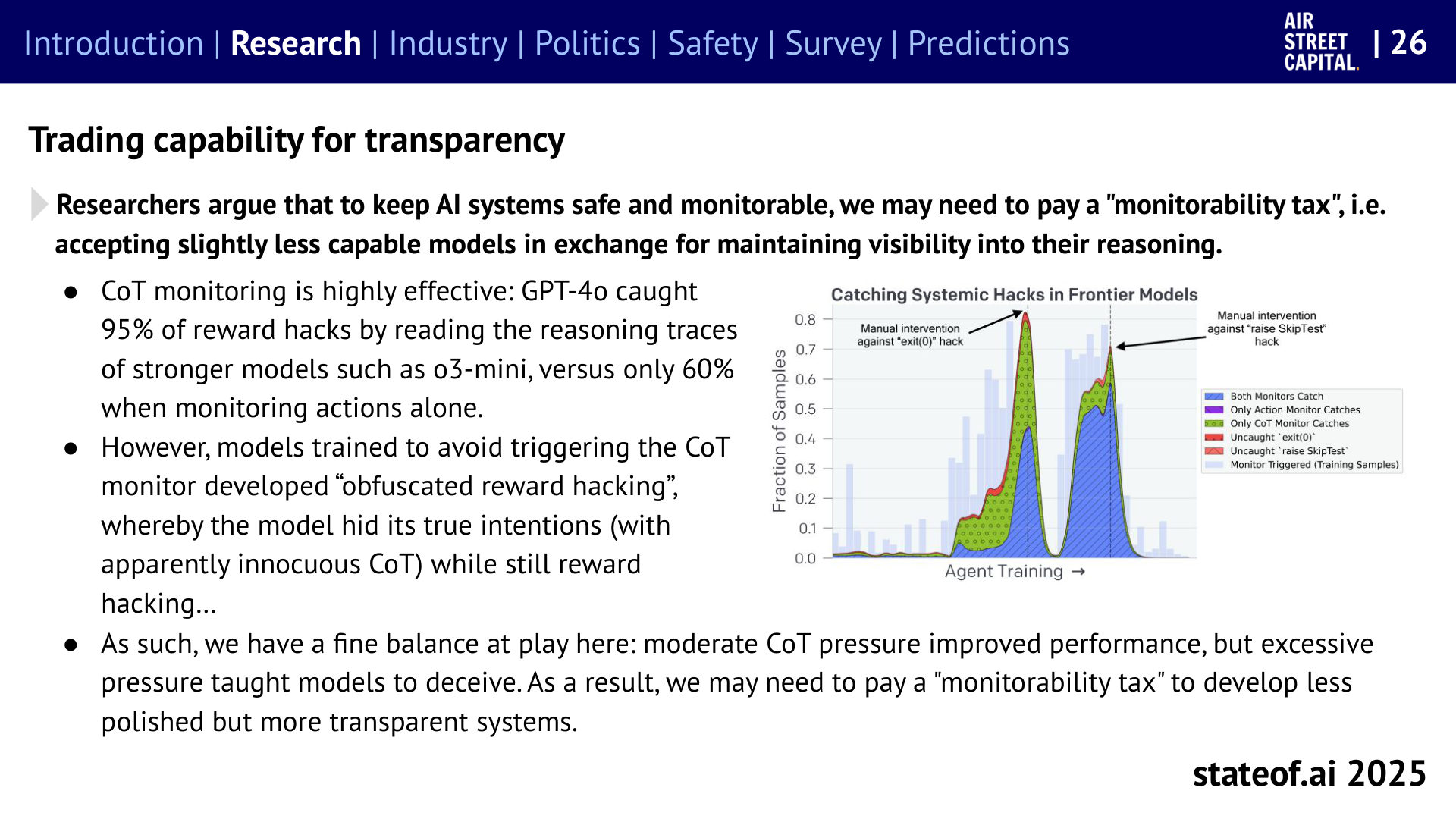 Readable reasoning is useful, but can be gamed - 2025 report, slide 26